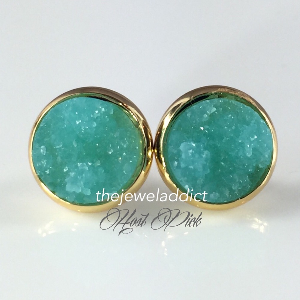 3 for 15🎀chunky Aqua Drusy style gold studs - Picture 2 of 7